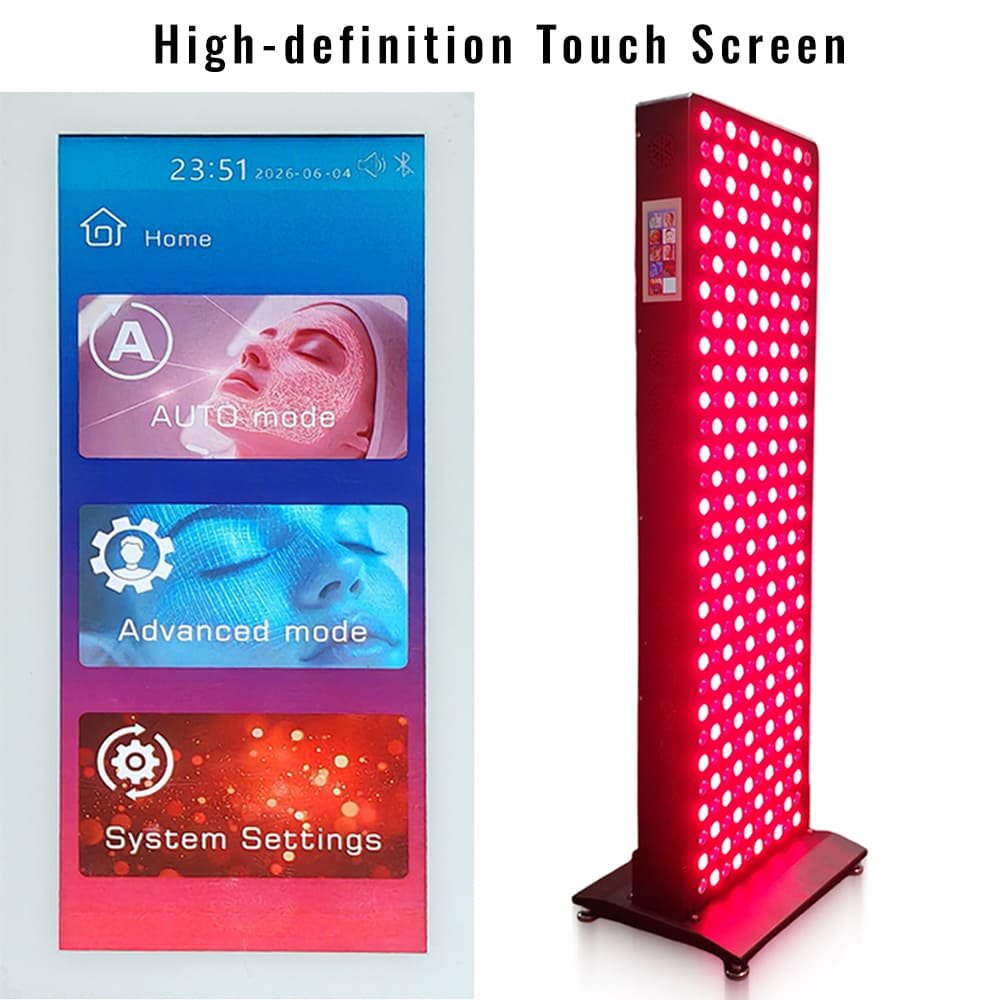 Red light therapy panel used in a home wellness studio